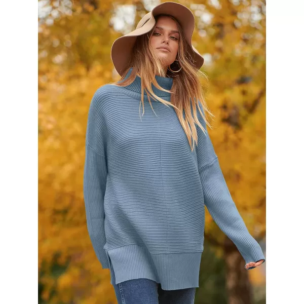 imageANRABESS Womens 2023 Fall Sweaters Oversized Turtleneck Long Batwing Sleeve Split Hem Pullover Knit Sweater TopsIndigo