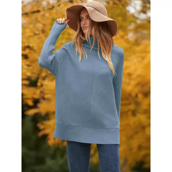 imageANRABESS Womens 2023 Fall Sweaters Oversized Turtleneck Long Batwing Sleeve Split Hem Pullover Knit Sweater TopsIndigo