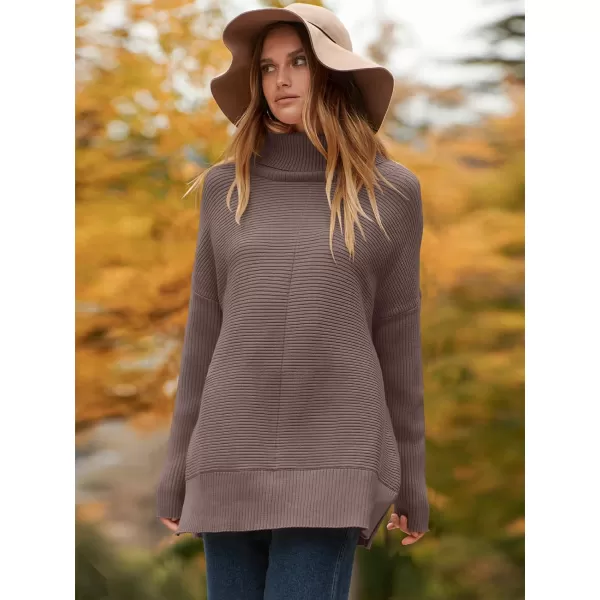 imageANRABESS Womens 2023 Fall Sweaters Oversized Turtleneck Long Batwing Sleeve Split Hem Pullover Knit Sweater TopsNutmeg