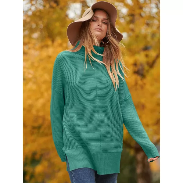 imageANRABESS Womens 2023 Fall Sweaters Oversized Turtleneck Long Batwing Sleeve Split Hem Pullover Knit Sweater TopsOpal