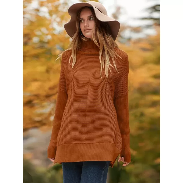 imageANRABESS Womens 2023 Fall Sweaters Oversized Turtleneck Long Batwing Sleeve Split Hem Pullover Knit Sweater TopsOrange Rust