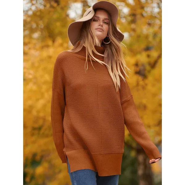 imageANRABESS Womens 2023 Fall Sweaters Oversized Turtleneck Long Batwing Sleeve Split Hem Pullover Knit Sweater TopsOrange Rust