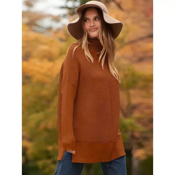 imageANRABESS Womens 2023 Fall Sweaters Oversized Turtleneck Long Batwing Sleeve Split Hem Pullover Knit Sweater TopsOrange Rust