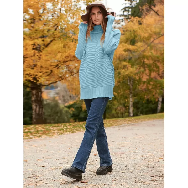 imageANRABESS Womens 2023 Fall Sweaters Oversized Turtleneck Long Batwing Sleeve Split Hem Pullover Knit Sweater TopsPale Blue