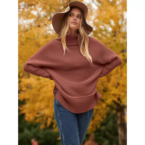 imageANRABESS Womens 2023 Fall Sweaters Oversized Turtleneck Long Batwing Sleeve Split Hem Pullover Knit Sweater TopsRed