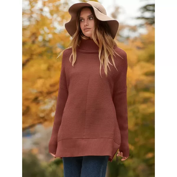 imageANRABESS Womens 2023 Fall Sweaters Oversized Turtleneck Long Batwing Sleeve Split Hem Pullover Knit Sweater TopsRed