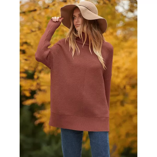 imageANRABESS Womens 2023 Fall Sweaters Oversized Turtleneck Long Batwing Sleeve Split Hem Pullover Knit Sweater TopsRed