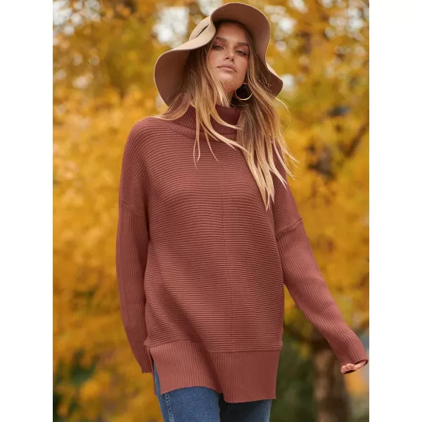 imageANRABESS Womens 2023 Fall Sweaters Oversized Turtleneck Long Batwing Sleeve Split Hem Pullover Knit Sweater TopsRed