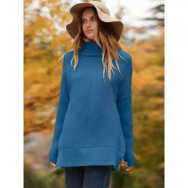 imageANRABESS Womens 2023 Fall Sweaters Oversized Turtleneck Long Batwing Sleeve Split Hem Pullover Knit Sweater TopsRoyal