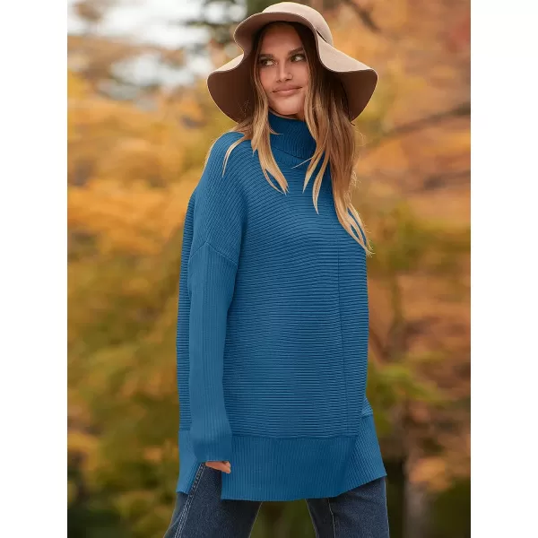 imageANRABESS Womens 2023 Fall Sweaters Oversized Turtleneck Long Batwing Sleeve Split Hem Pullover Knit Sweater TopsRoyal