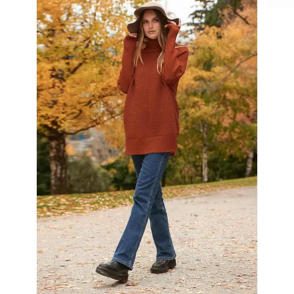 imageANRABESS Womens 2023 Fall Sweaters Oversized Turtleneck Long Batwing Sleeve Split Hem Pullover Knit Sweater TopsRust