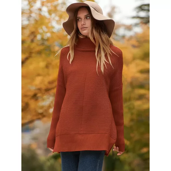 imageANRABESS Womens 2023 Fall Sweaters Oversized Turtleneck Long Batwing Sleeve Split Hem Pullover Knit Sweater TopsRust