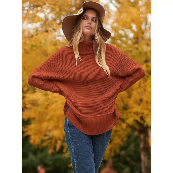 imageANRABESS Womens 2023 Fall Sweaters Oversized Turtleneck Long Batwing Sleeve Split Hem Pullover Knit Sweater TopsRust