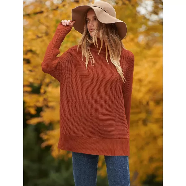 imageANRABESS Womens 2023 Fall Sweaters Oversized Turtleneck Long Batwing Sleeve Split Hem Pullover Knit Sweater TopsRust