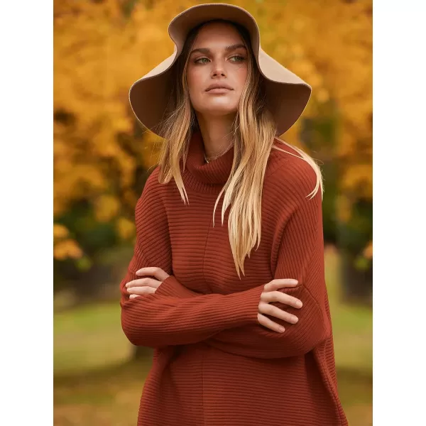 imageANRABESS Womens 2023 Fall Sweaters Oversized Turtleneck Long Batwing Sleeve Split Hem Pullover Knit Sweater TopsRust
