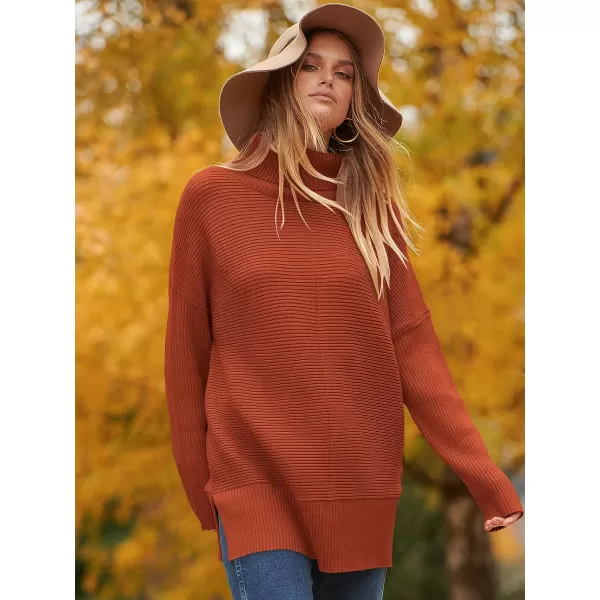 imageANRABESS Womens 2023 Fall Sweaters Oversized Turtleneck Long Batwing Sleeve Split Hem Pullover Knit Sweater TopsRust