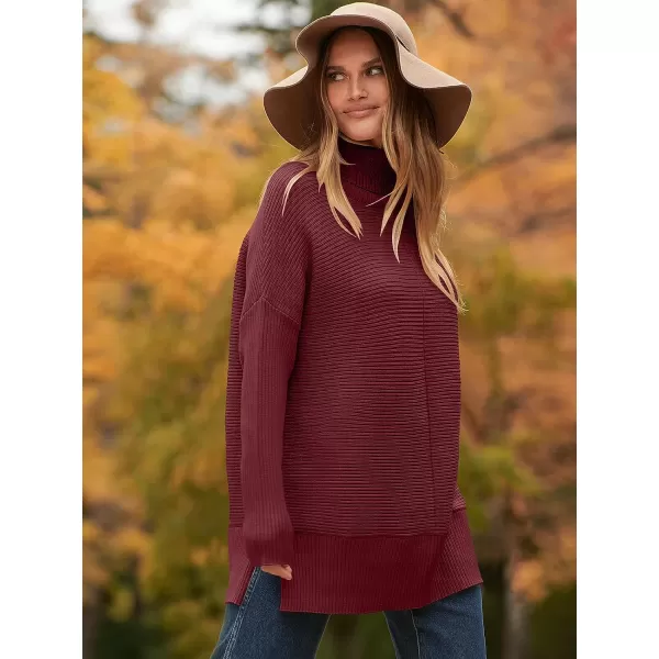 imageANRABESS Womens 2023 Fall Sweaters Oversized Turtleneck Long Batwing Sleeve Split Hem Pullover Knit Sweater TopsWine Red