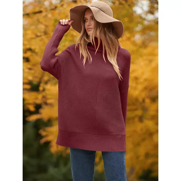 imageANRABESS Womens 2023 Fall Sweaters Oversized Turtleneck Long Batwing Sleeve Split Hem Pullover Knit Sweater TopsWine Red