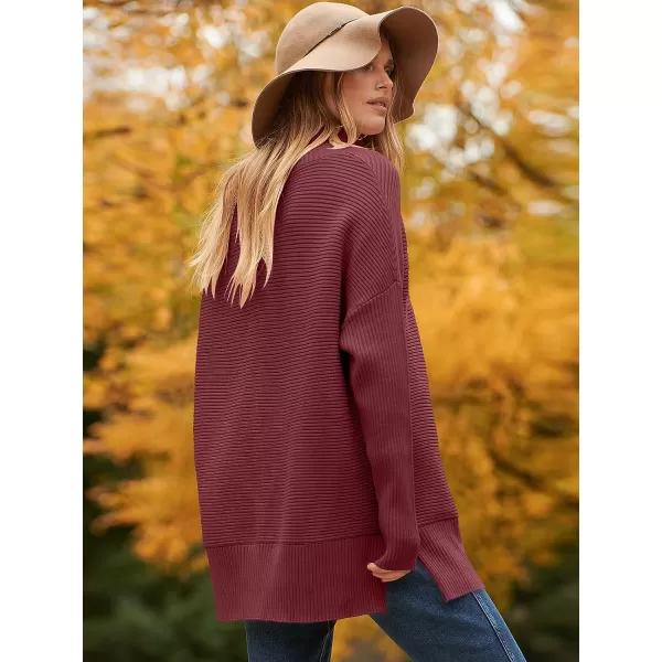 imageANRABESS Womens 2023 Fall Sweaters Oversized Turtleneck Long Batwing Sleeve Split Hem Pullover Knit Sweater TopsWine Red