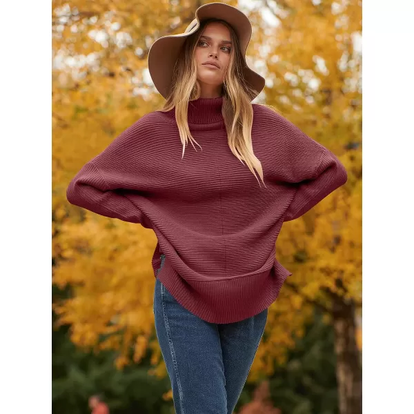 imageANRABESS Womens 2023 Fall Sweaters Oversized Turtleneck Long Batwing Sleeve Split Hem Pullover Knit Sweater TopsWine Red
