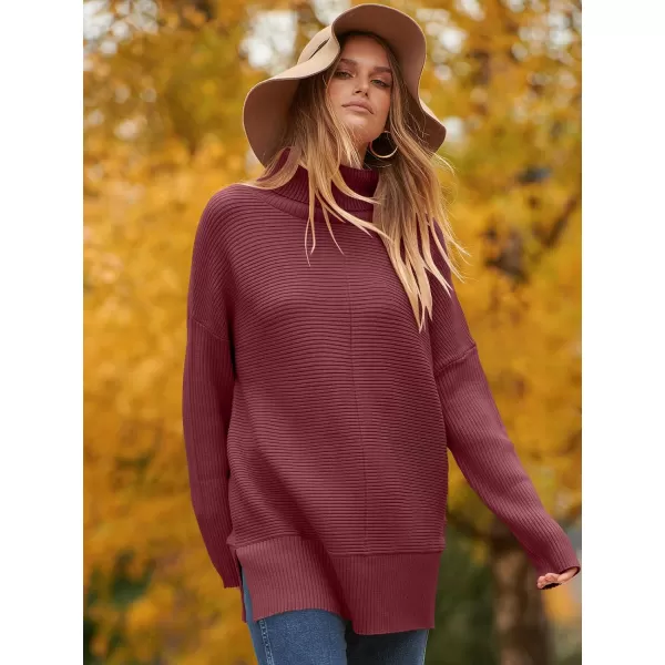 imageANRABESS Womens 2023 Fall Sweaters Oversized Turtleneck Long Batwing Sleeve Split Hem Pullover Knit Sweater TopsWine Red