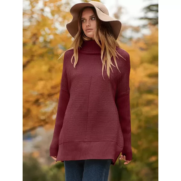 imageANRABESS Womens 2023 Fall Sweaters Oversized Turtleneck Long Batwing Sleeve Split Hem Pullover Knit Sweater TopsWine Red