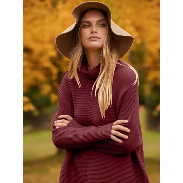 imageANRABESS Womens 2023 Fall Sweaters Oversized Turtleneck Long Batwing Sleeve Split Hem Pullover Knit Sweater TopsWine Red