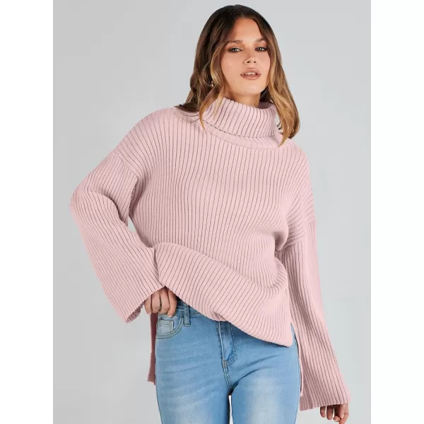 imageANRABESS Womens 2023 Fall Turtleneck Oversized Pullover Sweaters Long Sleeves Ribbed Knit Chunky Sweater TopsPink