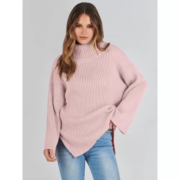 imageANRABESS Womens 2023 Fall Turtleneck Oversized Pullover Sweaters Long Sleeves Ribbed Knit Chunky Sweater TopsPink