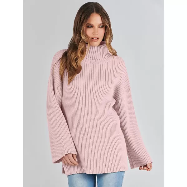 imageANRABESS Womens 2023 Fall Turtleneck Oversized Pullover Sweaters Long Sleeves Ribbed Knit Chunky Sweater TopsPink