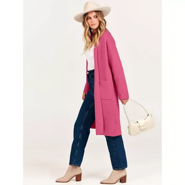 imageANRABESS Womens 2023 Fashion Cardigan Sweater Long Sleeve Open Front Lapel Coat Casual Knit Coatigan Jacket with PocketsHot Pink