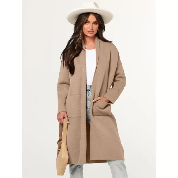 imageANRABESS Womens 2023 Fashion Cardigan Sweater Long Sleeve Open Front Lapel Coat Casual Knit Coatigan Jacket with PocketsKhaki Apricot