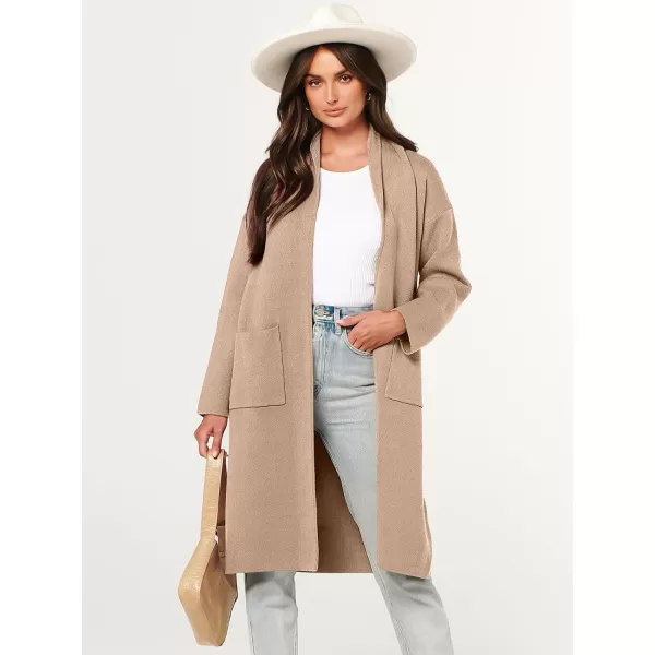 imageANRABESS Womens 2023 Fashion Cardigan Sweater Long Sleeve Open Front Lapel Coat Casual Knit Coatigan Jacket with PocketsKhaki Apricot