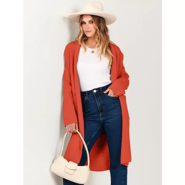 imageANRABESS Womens 2023 Fashion Cardigan Sweater Long Sleeve Open Front Lapel Coat Casual Knit Coatigan Jacket with PocketsOrange Red