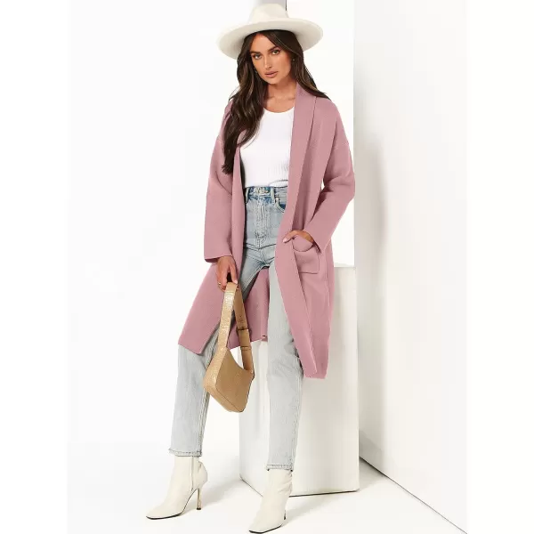 imageANRABESS Womens 2023 Fashion Cardigan Sweater Long Sleeve Open Front Lapel Coat Casual Knit Coatigan Jacket with PocketsPink