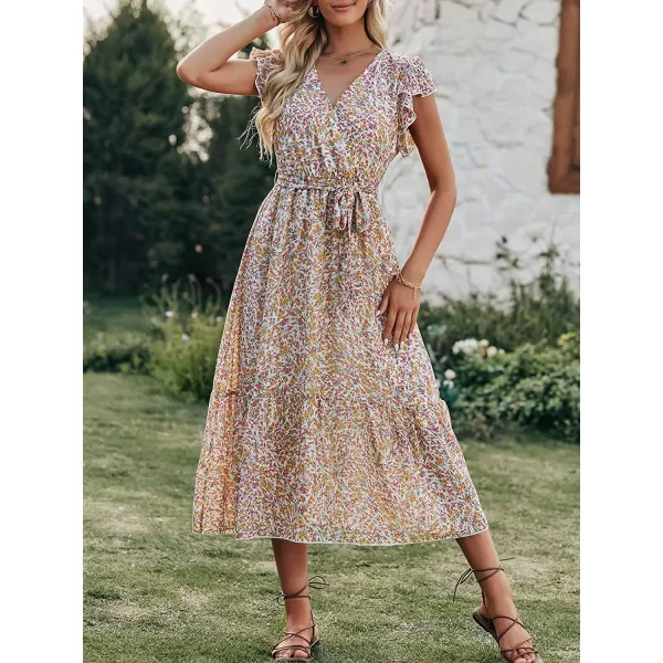 imageANRABESS Womens 2023 Floral Summer Dress Wrap V Neck Short Sleeve Belted Ruffle Hem ALine Bohemian Maxi DressesBeige