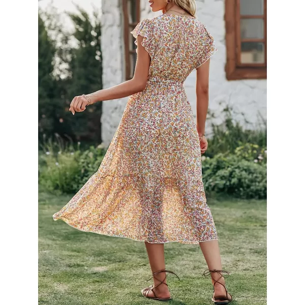 imageANRABESS Womens 2023 Floral Summer Dress Wrap V Neck Short Sleeve Belted Ruffle Hem ALine Bohemian Maxi DressesBeige