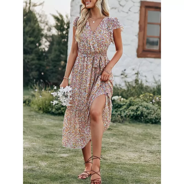 imageANRABESS Womens 2023 Floral Summer Dress Wrap V Neck Short Sleeve Belted Ruffle Hem ALine Bohemian Maxi DressesBeige