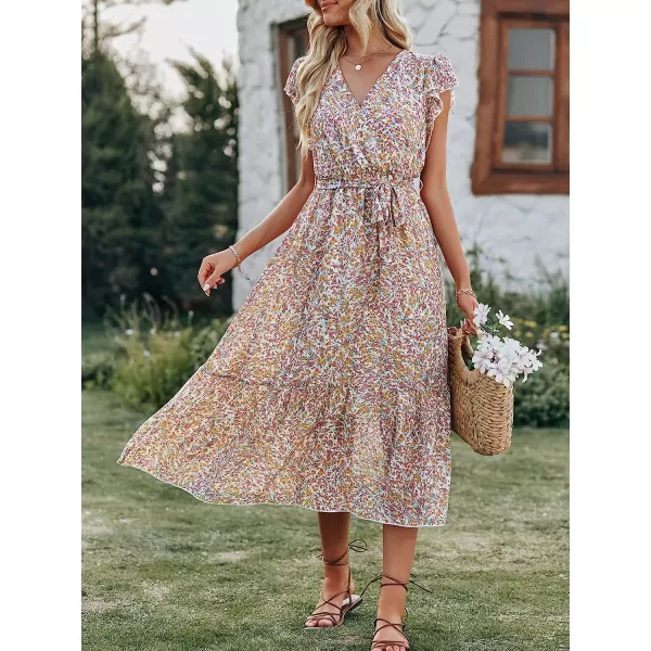 imageANRABESS Womens 2023 Floral Summer Dress Wrap V Neck Short Sleeve Belted Ruffle Hem ALine Bohemian Maxi DressesBeige