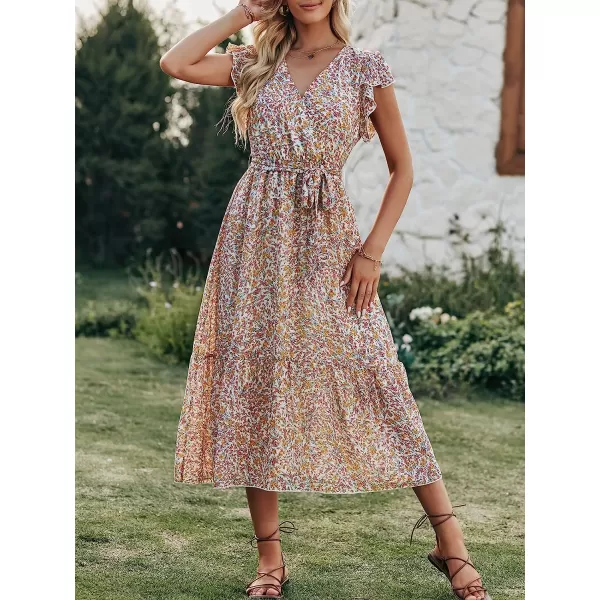 imageANRABESS Womens 2023 Floral Summer Dress Wrap V Neck Short Sleeve Belted Ruffle Hem ALine Bohemian Maxi DressesBeige