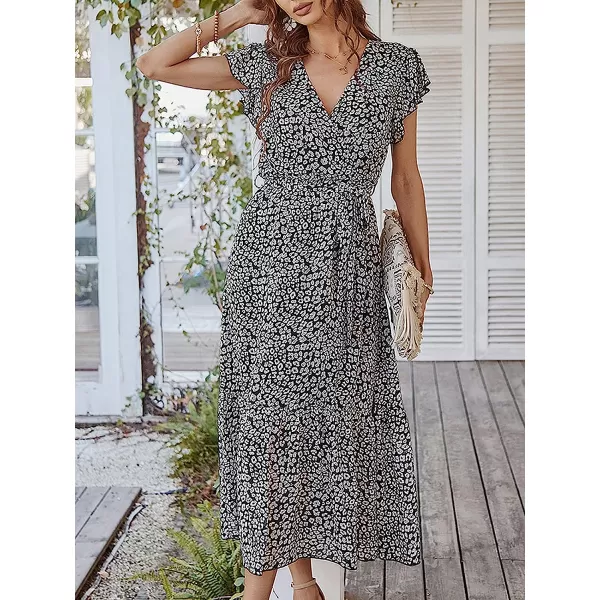 imageANRABESS Womens 2023 Floral Summer Dress Wrap V Neck Short Sleeve Belted Ruffle Hem ALine Bohemian Maxi DressesBlack