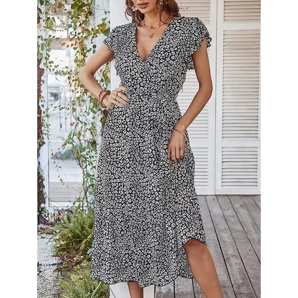imageANRABESS Womens 2023 Floral Summer Dress Wrap V Neck Short Sleeve Belted Ruffle Hem ALine Bohemian Maxi DressesBlack