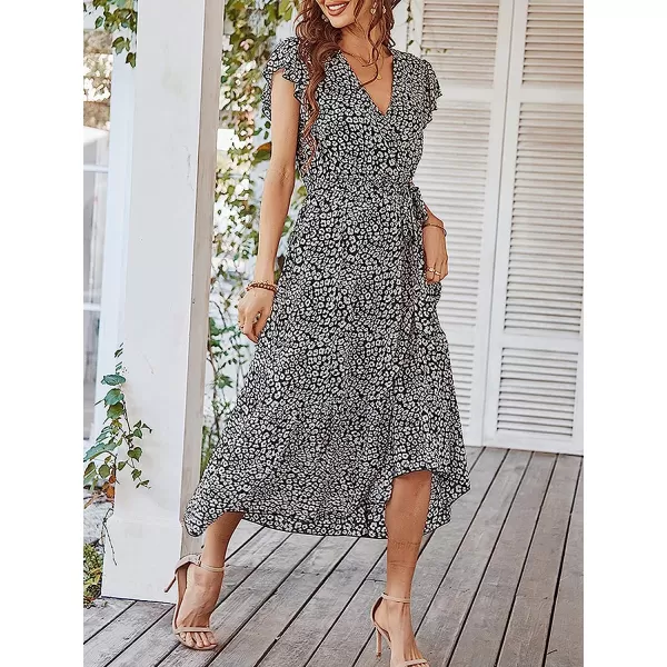 imageANRABESS Womens 2023 Floral Summer Dress Wrap V Neck Short Sleeve Belted Ruffle Hem ALine Bohemian Maxi DressesBlack