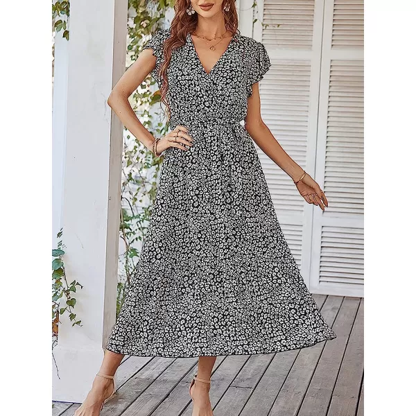 imageANRABESS Womens 2023 Floral Summer Dress Wrap V Neck Short Sleeve Belted Ruffle Hem ALine Bohemian Maxi DressesBlack
