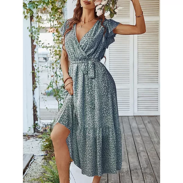 imageANRABESS Womens 2023 Floral Summer Dress Wrap V Neck Short Sleeve Belted Ruffle Hem ALine Bohemian Maxi DressesGreen