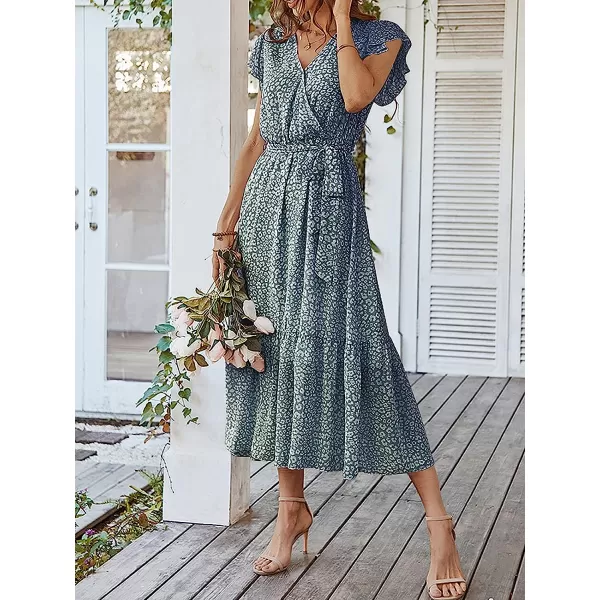 imageANRABESS Womens 2023 Floral Summer Dress Wrap V Neck Short Sleeve Belted Ruffle Hem ALine Bohemian Maxi DressesGreen