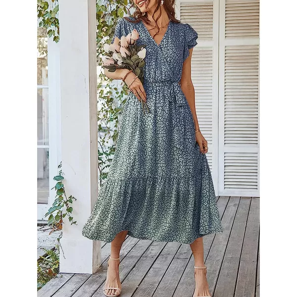 imageANRABESS Womens 2023 Floral Summer Dress Wrap V Neck Short Sleeve Belted Ruffle Hem ALine Bohemian Maxi DressesGreen