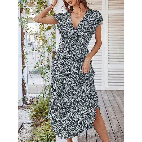 imageANRABESS Womens 2023 Floral Summer Dress Wrap V Neck Short Sleeve Belted Ruffle Hem ALine Bohemian Maxi DressesGreen