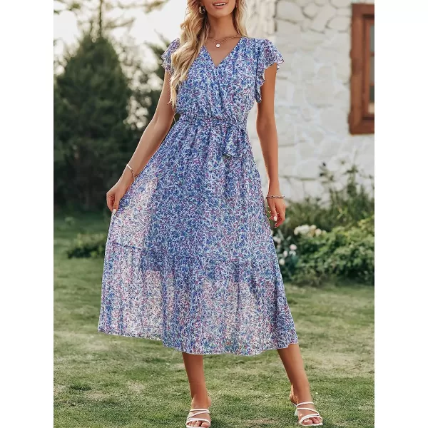 imageANRABESS Womens 2023 Floral Summer Dress Wrap V Neck Short Sleeve Belted Ruffle Hem ALine Bohemian Maxi DressesLight Blue