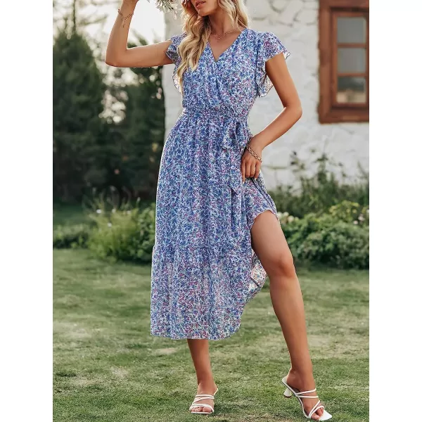 imageANRABESS Womens 2023 Floral Summer Dress Wrap V Neck Short Sleeve Belted Ruffle Hem ALine Bohemian Maxi DressesLight Blue